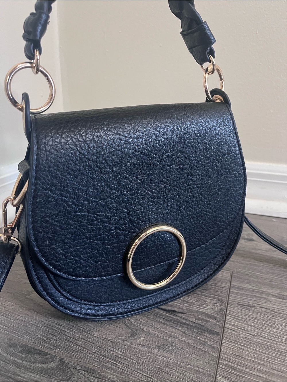 Women’s Black Leather Crossbody Bag with Gold Ring Accent